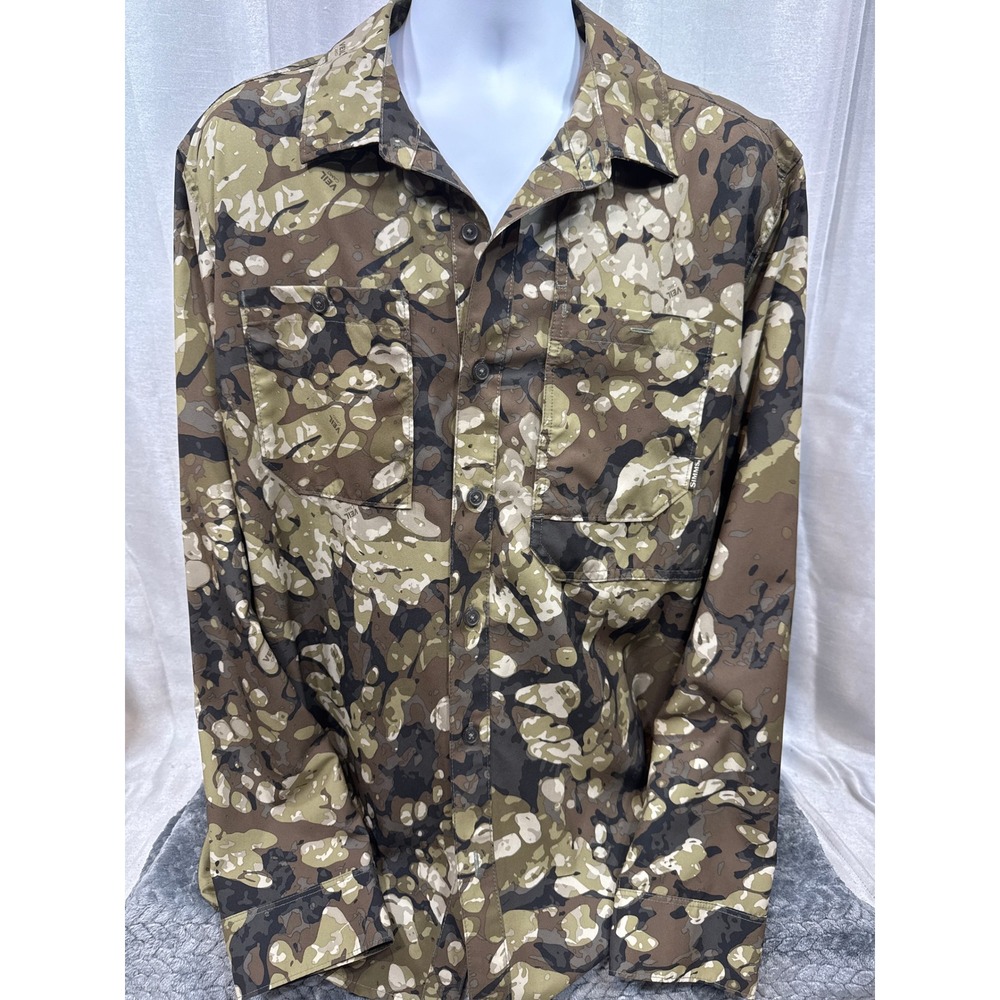 Simms Mens XL Veil Camo Long‎ Sleeve Button Down Fishing Tactical Shirt Brown